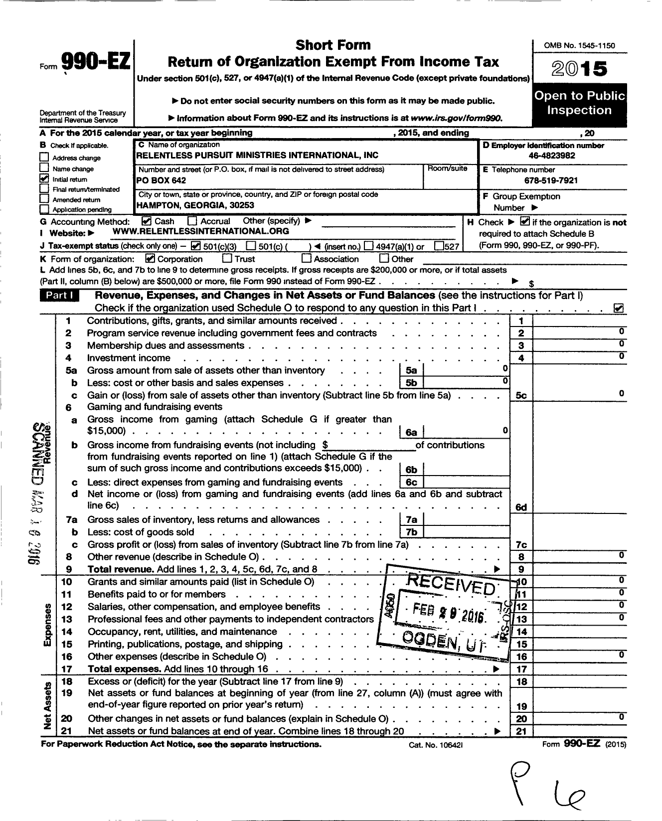 Image of first page of 2015 Form 990EZ for Relentless Pursuit International