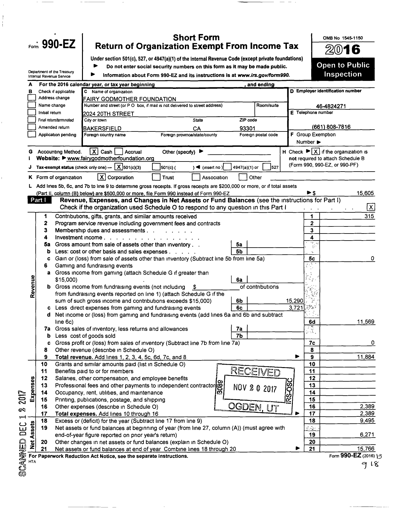 Image of first page of 2016 Form 990EZ for Fairy Godmother Foundation