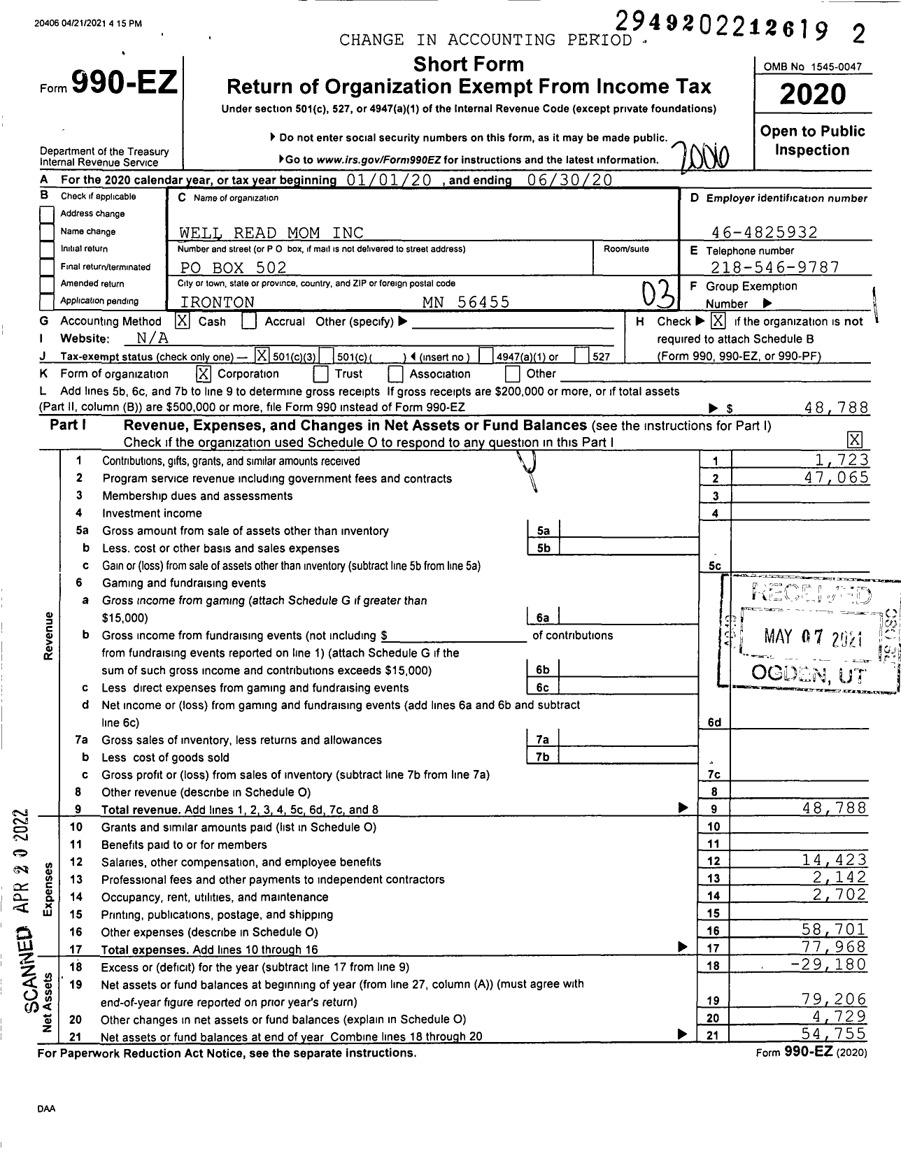 Image of first page of 2019 Form 990EZ for Well Read Mom