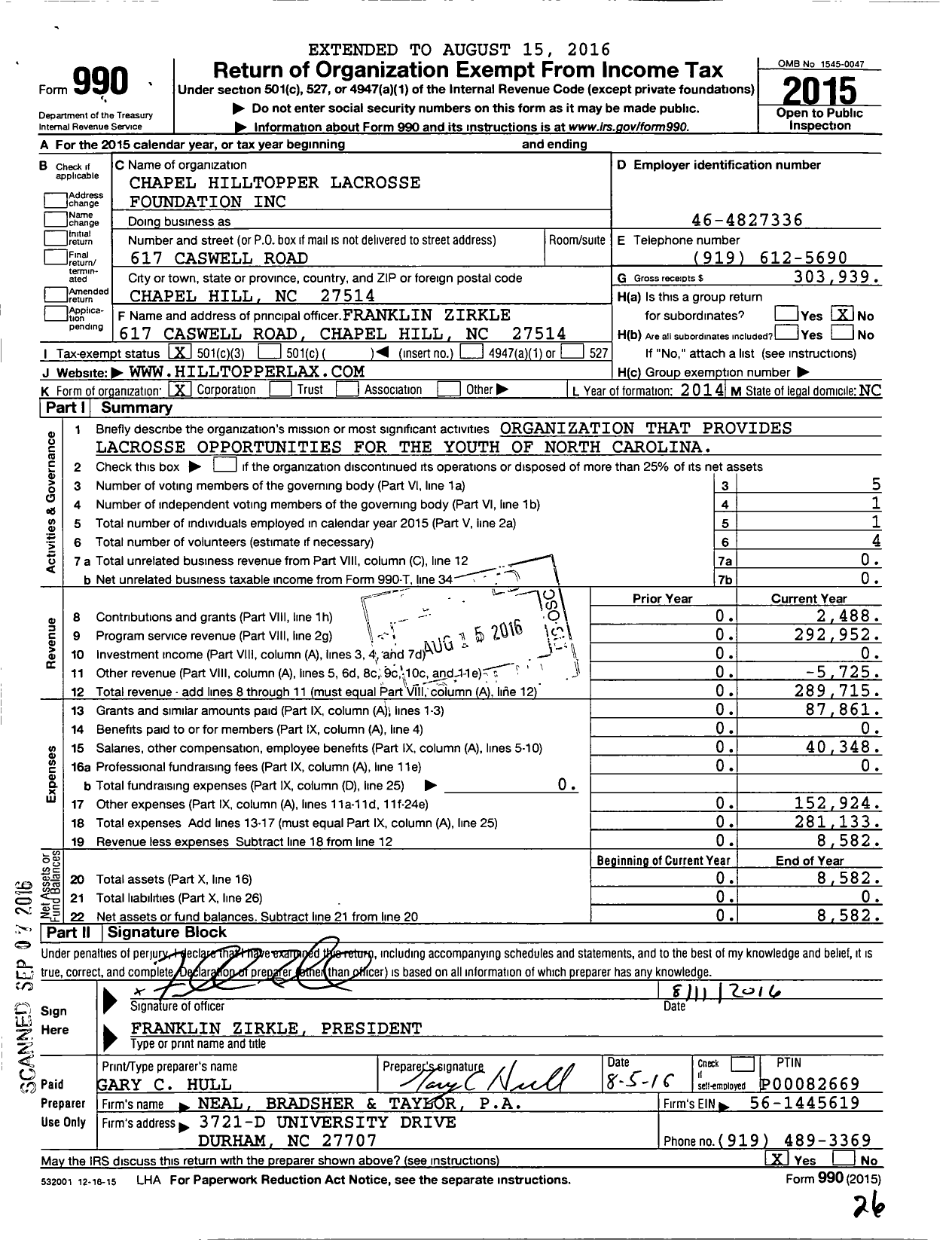 Image of first page of 2015 Form 990 for Chapel Hilltopper Lacrosse Foundation