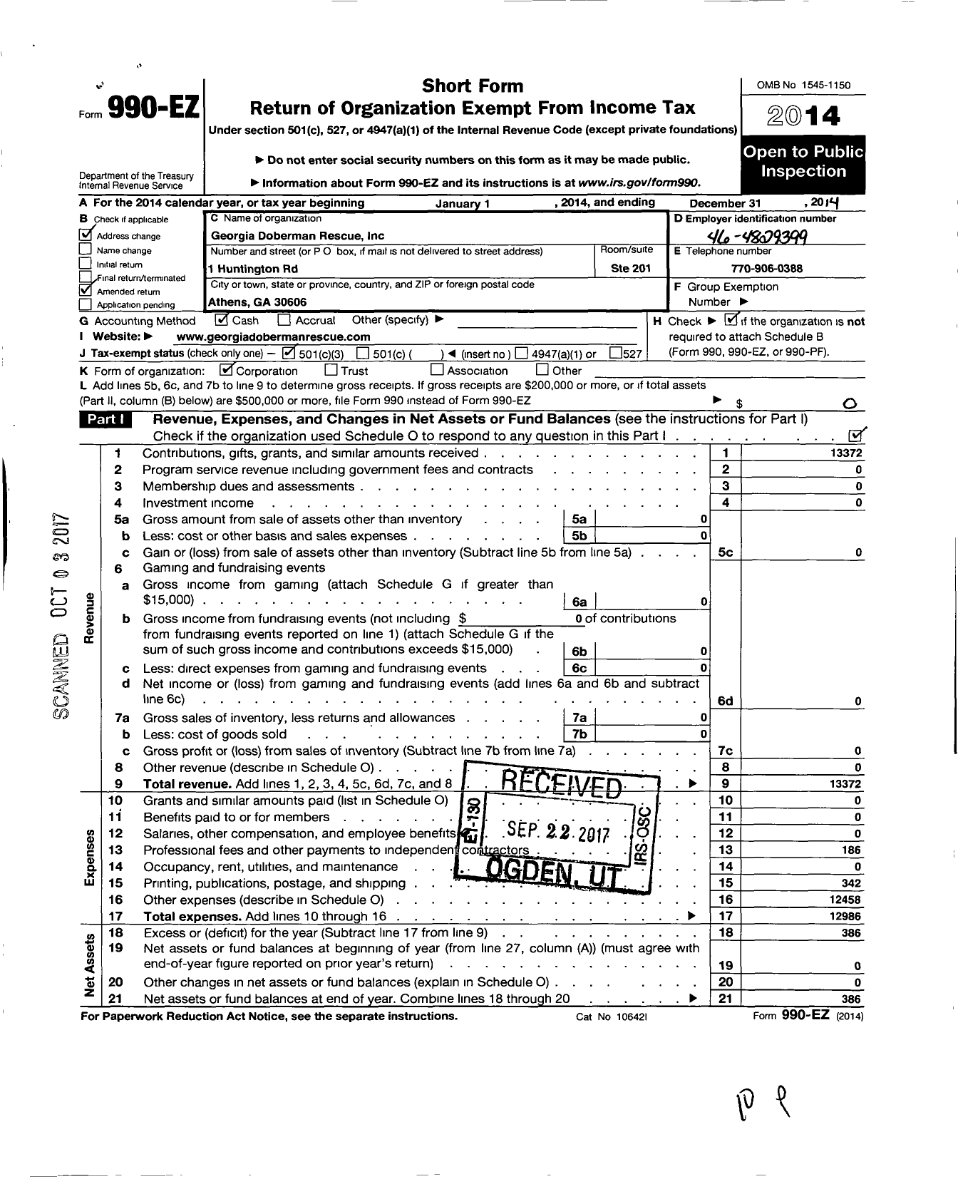 Image of first page of 2014 Form 990EZ for Georgia Doberman Rescue