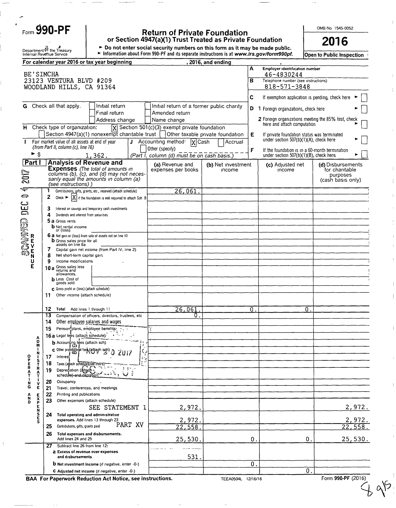 Image of first page of 2016 Form 990PF for Be'simcha