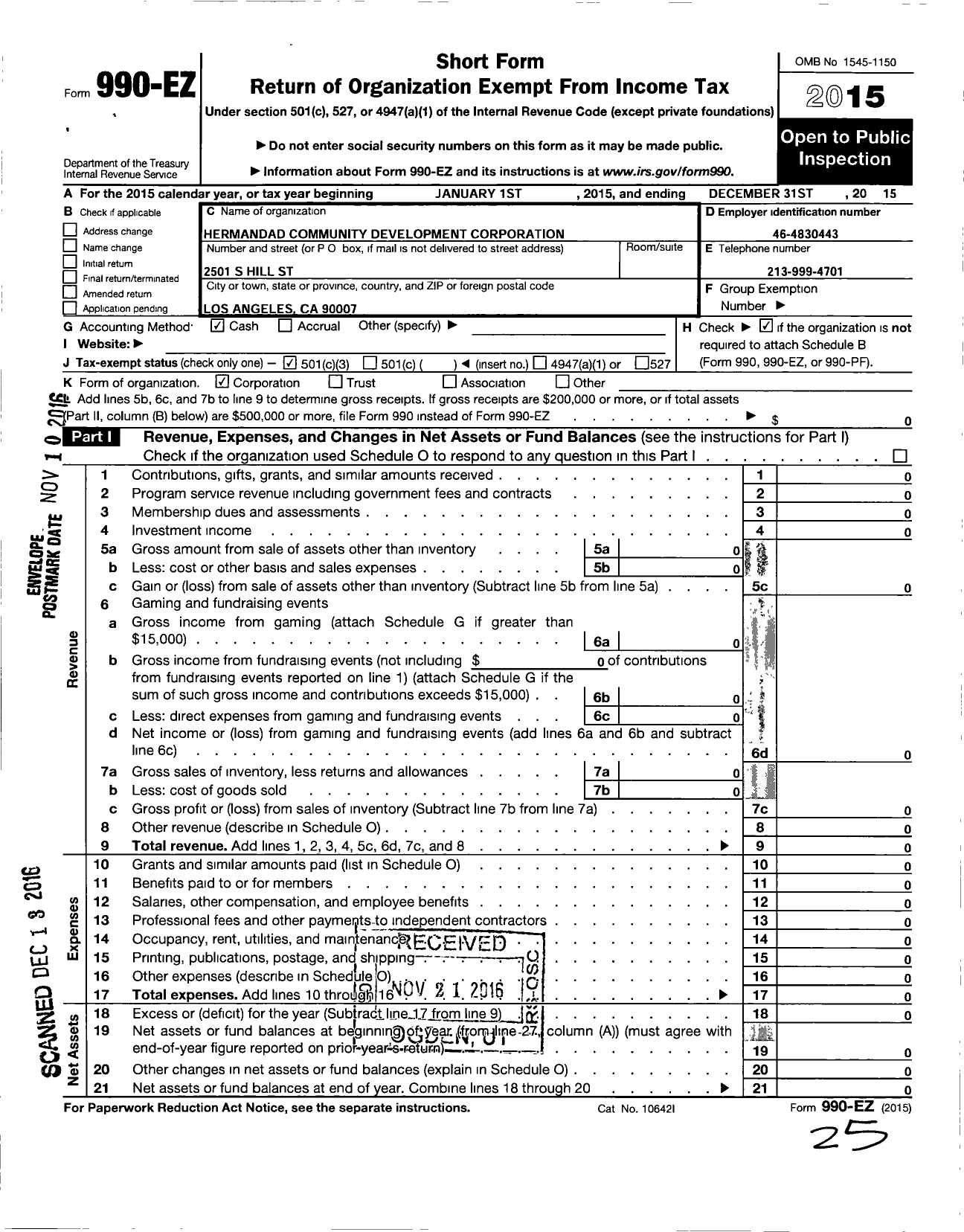 Image of first page of 2015 Form 990EZ for Hermandad Community Development Corporation