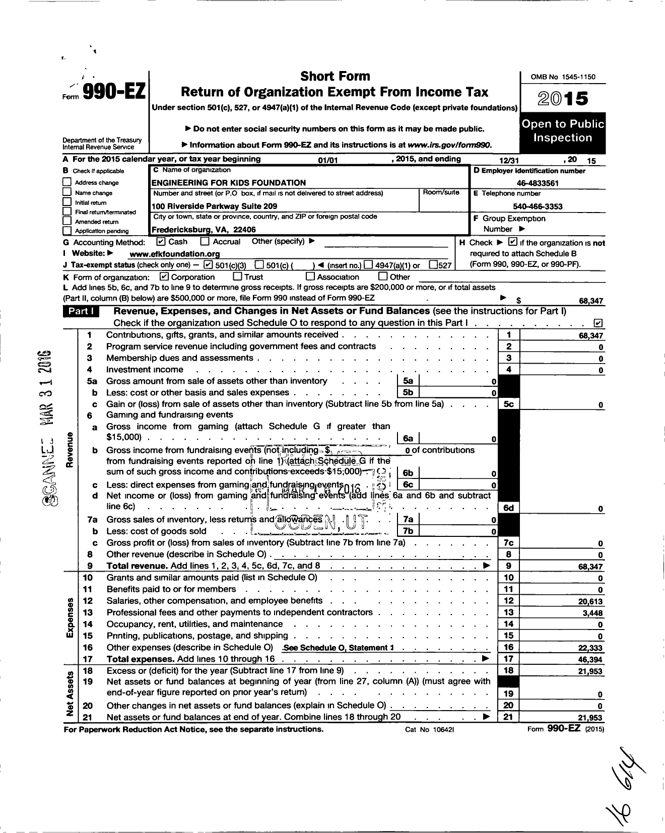 Image of first page of 2015 Form 990EZ for Engineering for Kids Foundation