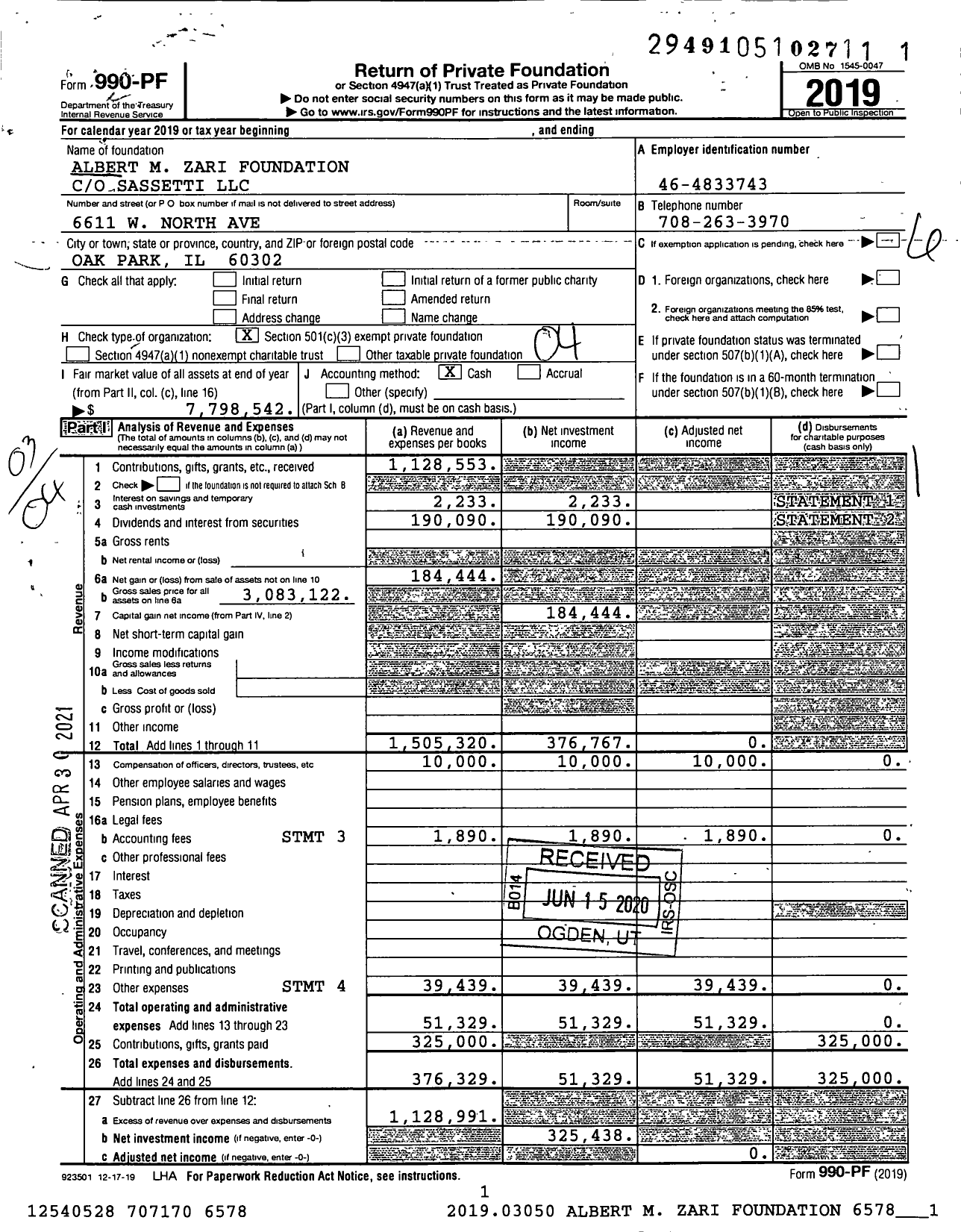 Image of first page of 2019 Form 990PF for Albert M Zari Foundation