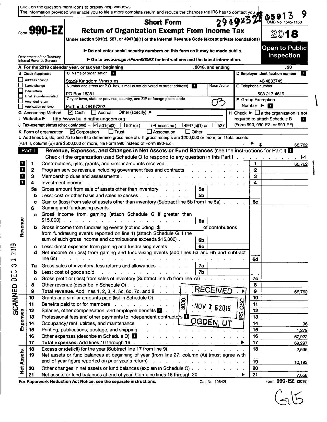 Image of first page of 2018 Form 990EZ for Stone Kingdom Ministries