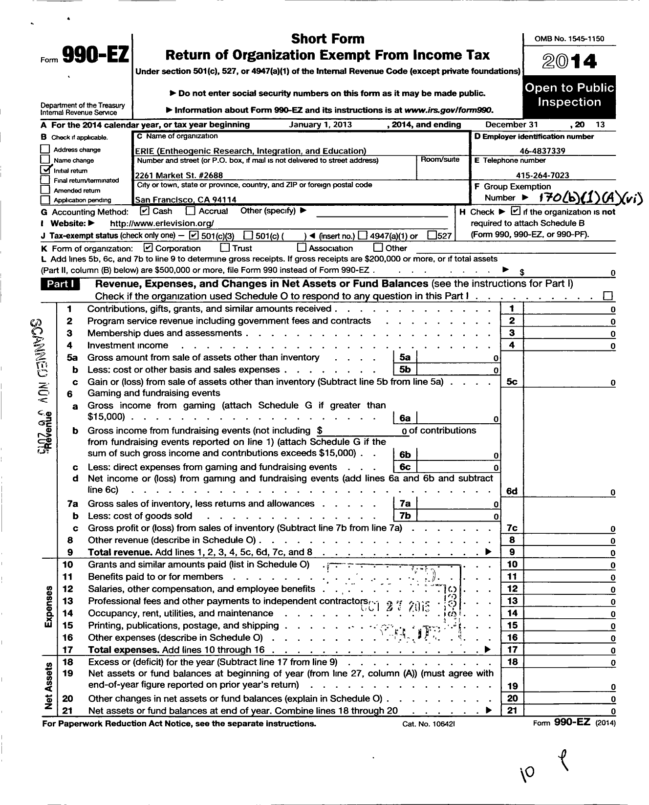 Image of first page of 2013 Form 990EZ for Erie Entheogenic Research Integration and Education