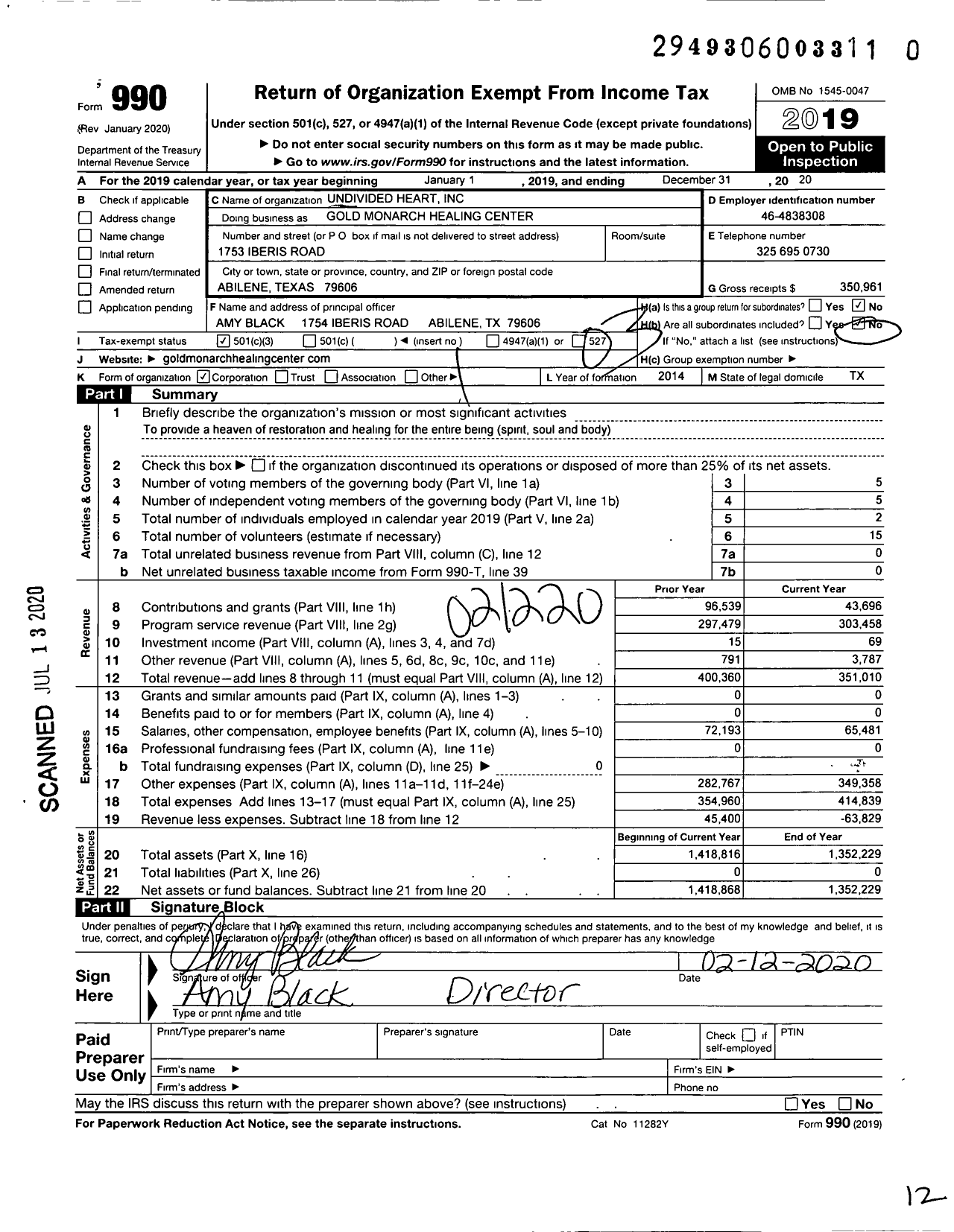 Image of first page of 2019 Form 990 for Golden Monarch Healing Center