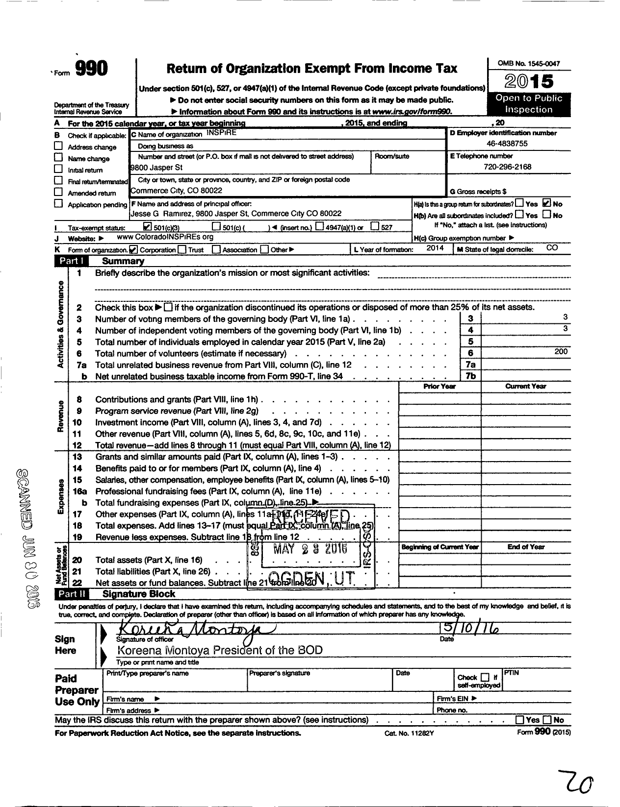 Image of first page of 2015 Form 990 for Inspire