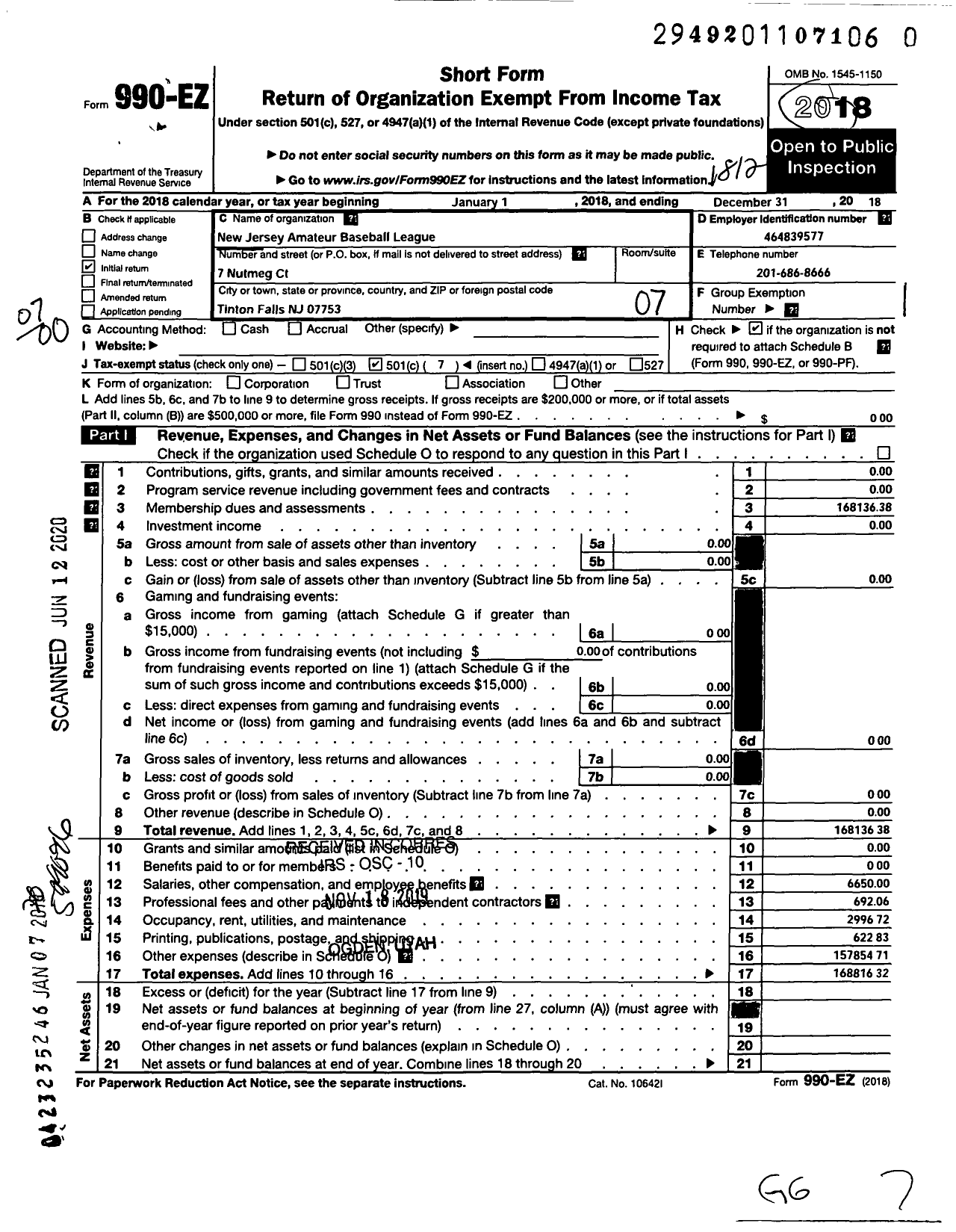 Image of first page of 2018 Form 990EO for New Jersey Amateur Baseball League (NJABL)