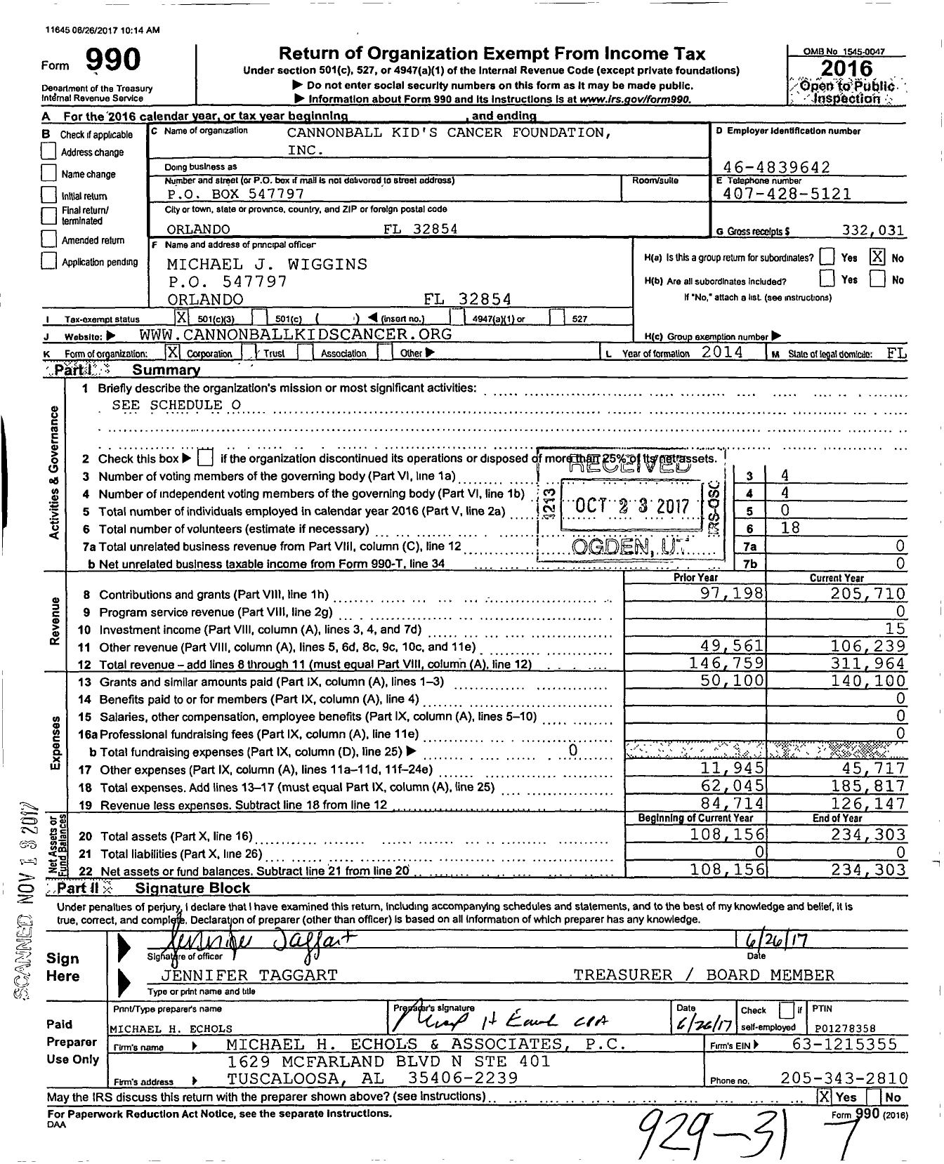 Image of first page of 2016 Form 990 for Cannonball Kids' Cancer Foundation