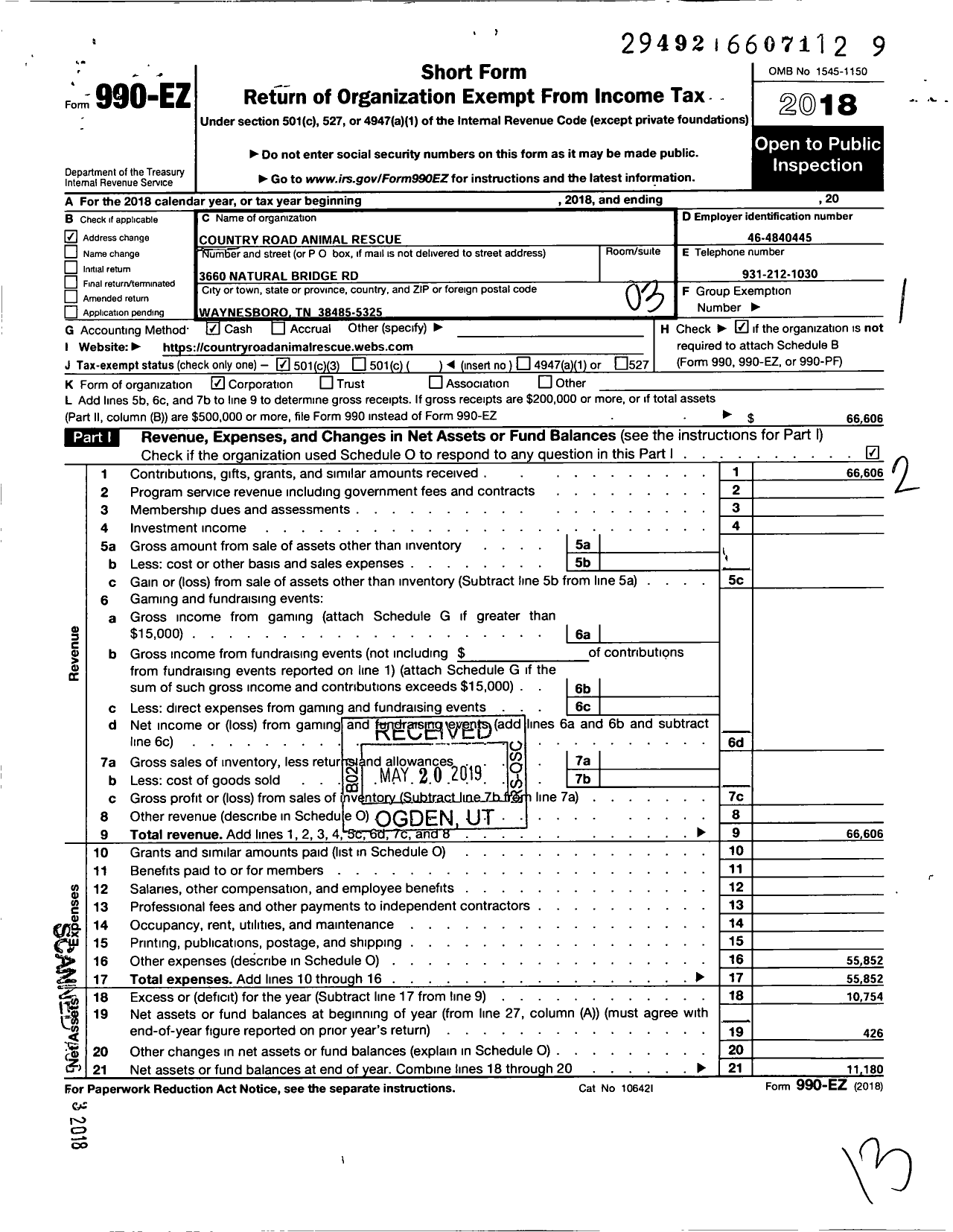 Image of first page of 2018 Form 990EZ for County Road Animal Rescue