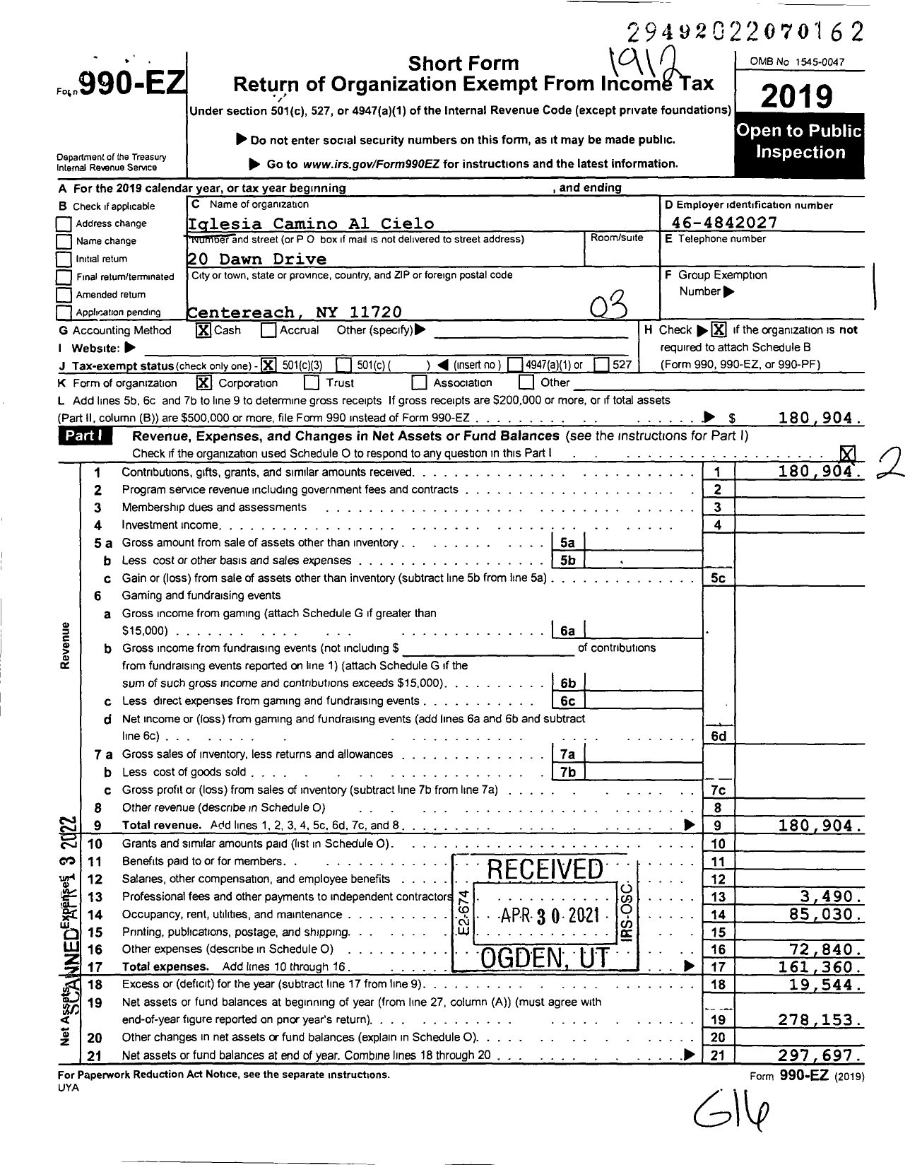 Image of first page of 2019 Form 990EZ for Iglesia Camino Al Cielo