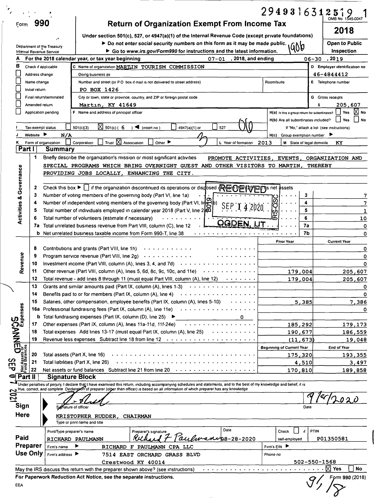 Image of first page of 2018 Form 990O for Martin Tourism Commission