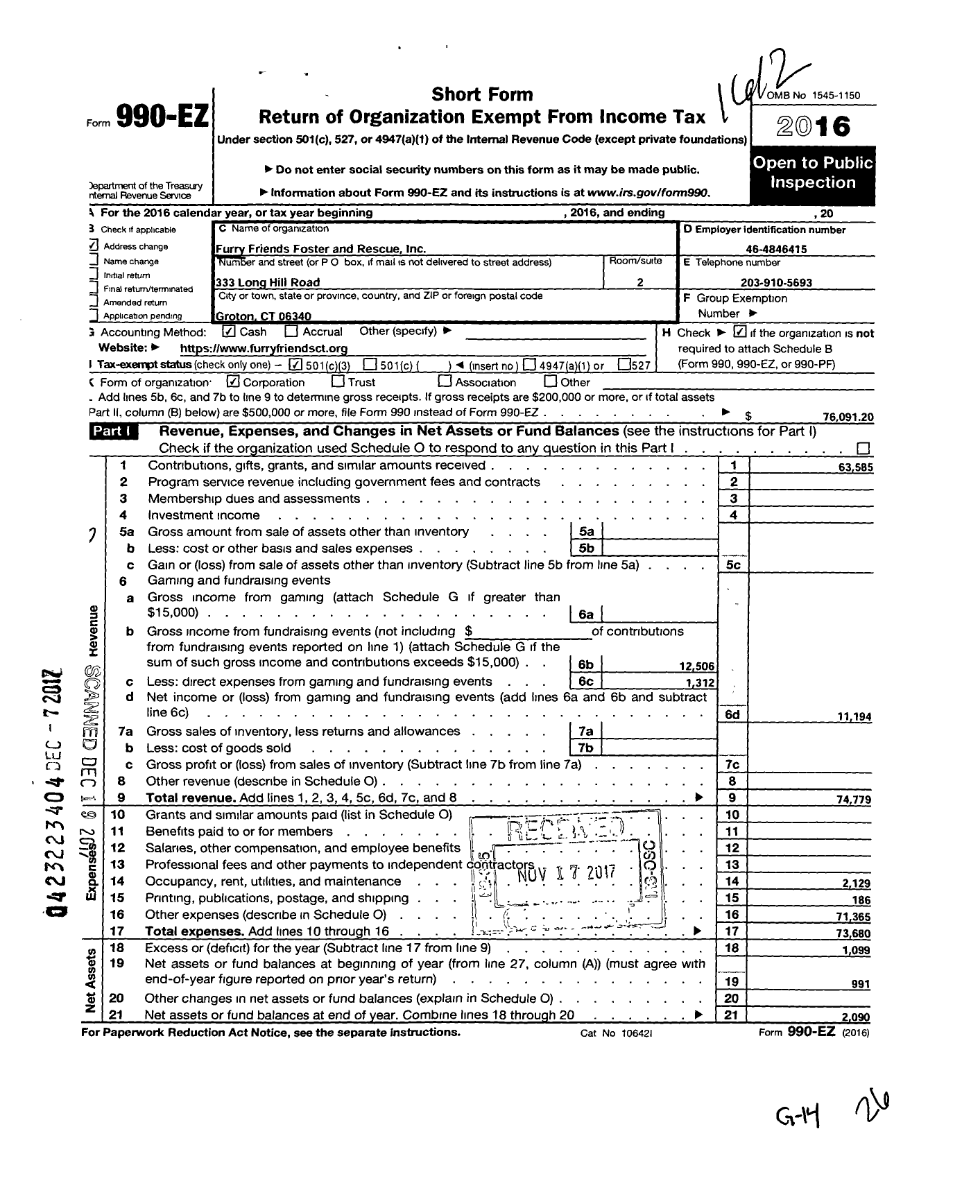 Image of first page of 2016 Form 990EZ for Furry Friends Foster and Rescue