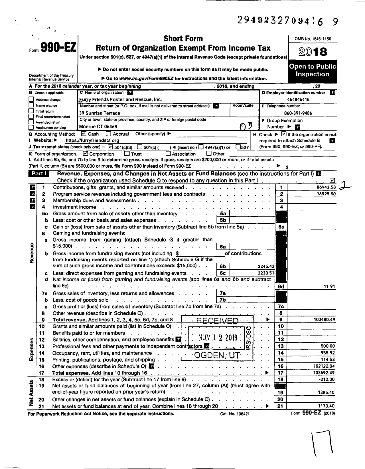 Image of first page of 2018 Form 990EZ for Furry Friends Foster and Rescue