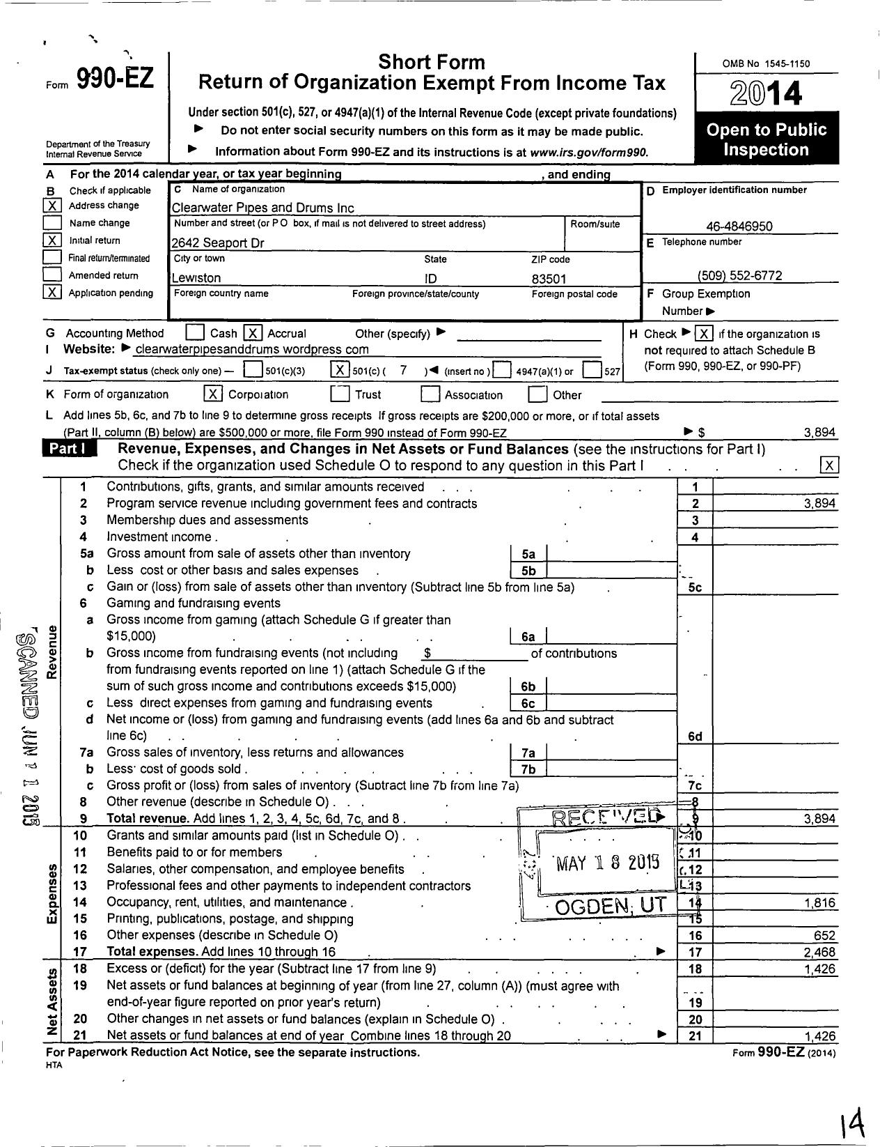 Image of first page of 2014 Form 990EO for Clearwater Pipes and Drums