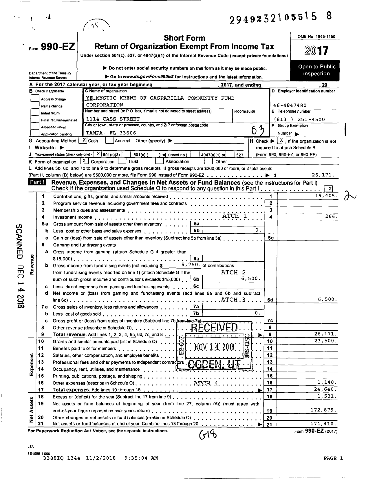 Image of first page of 2017 Form 990EZ for Ye Mystic Krewe of Gasparilla Community Fund Corporation