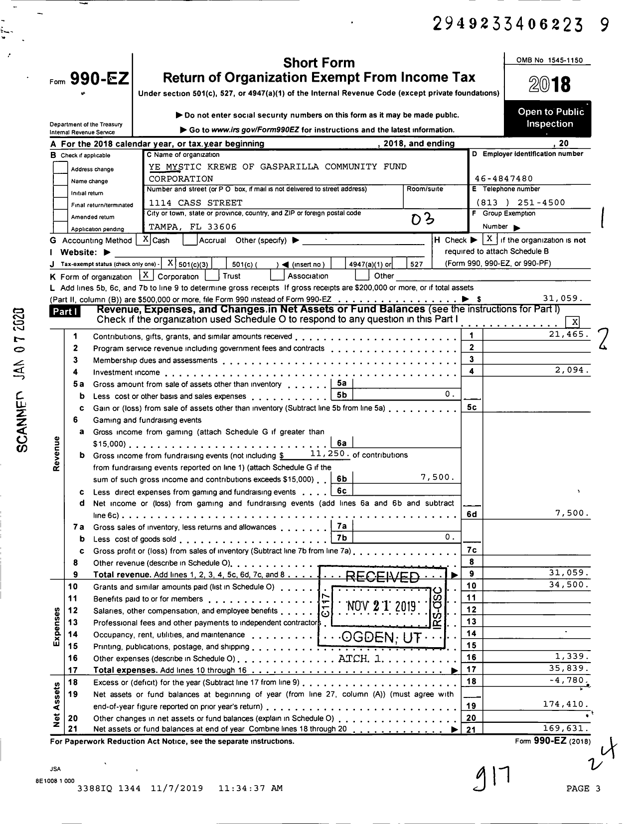 Image of first page of 2018 Form 990EZ for Ye Mystic Krewe of Gasparilla Community Fund Corporation