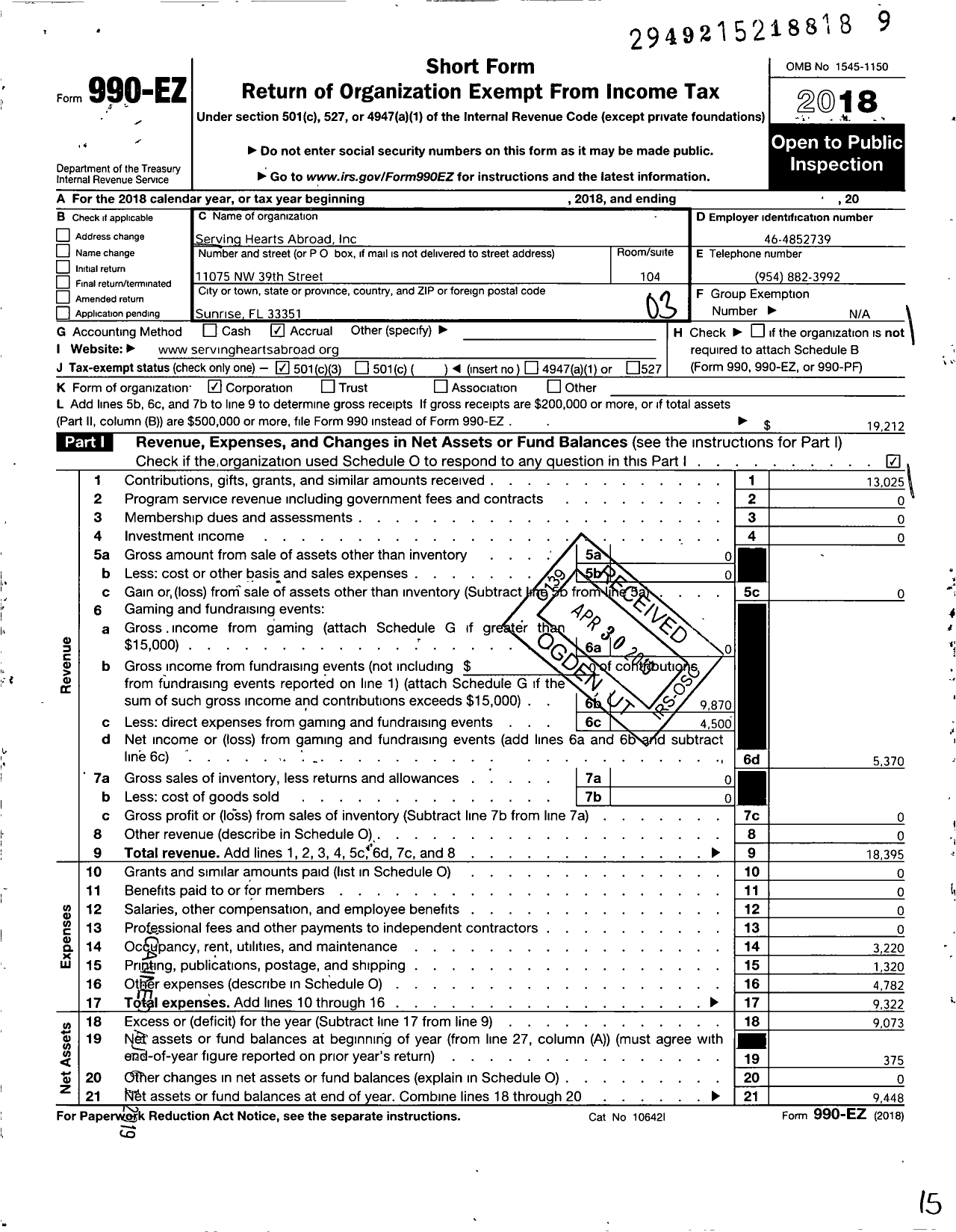 Image of first page of 2018 Form 990EZ for Sha Serving Hearts Abroad