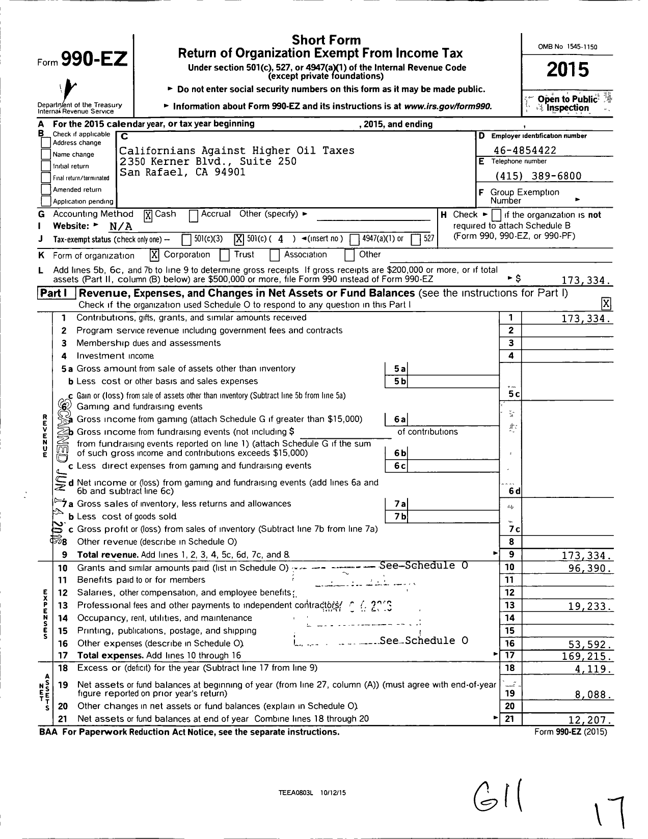 Image of first page of 2015 Form 990EO for Californians Against Higher Oil Taxes