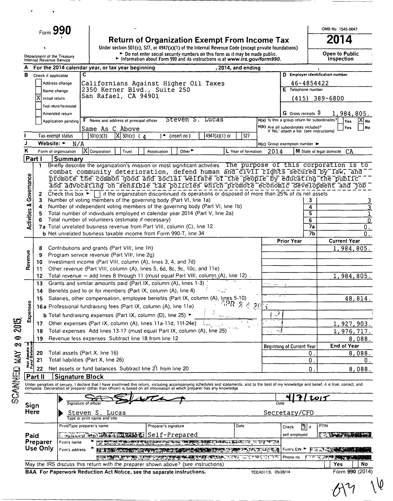 Image of first page of 2014 Form 990O for Californians Against Higher Oil Taxes