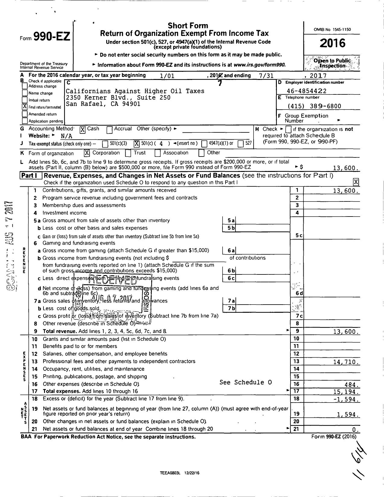 Image of first page of 2016 Form 990EO for Californians Against Higher Oil Taxes