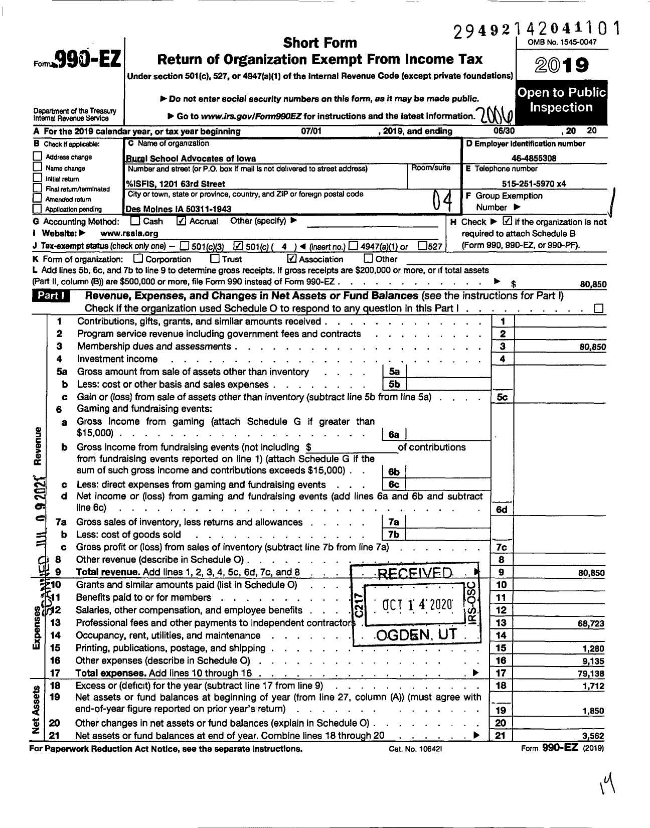 Image of first page of 2019 Form 990EO for Rural School Advocates of Iowa