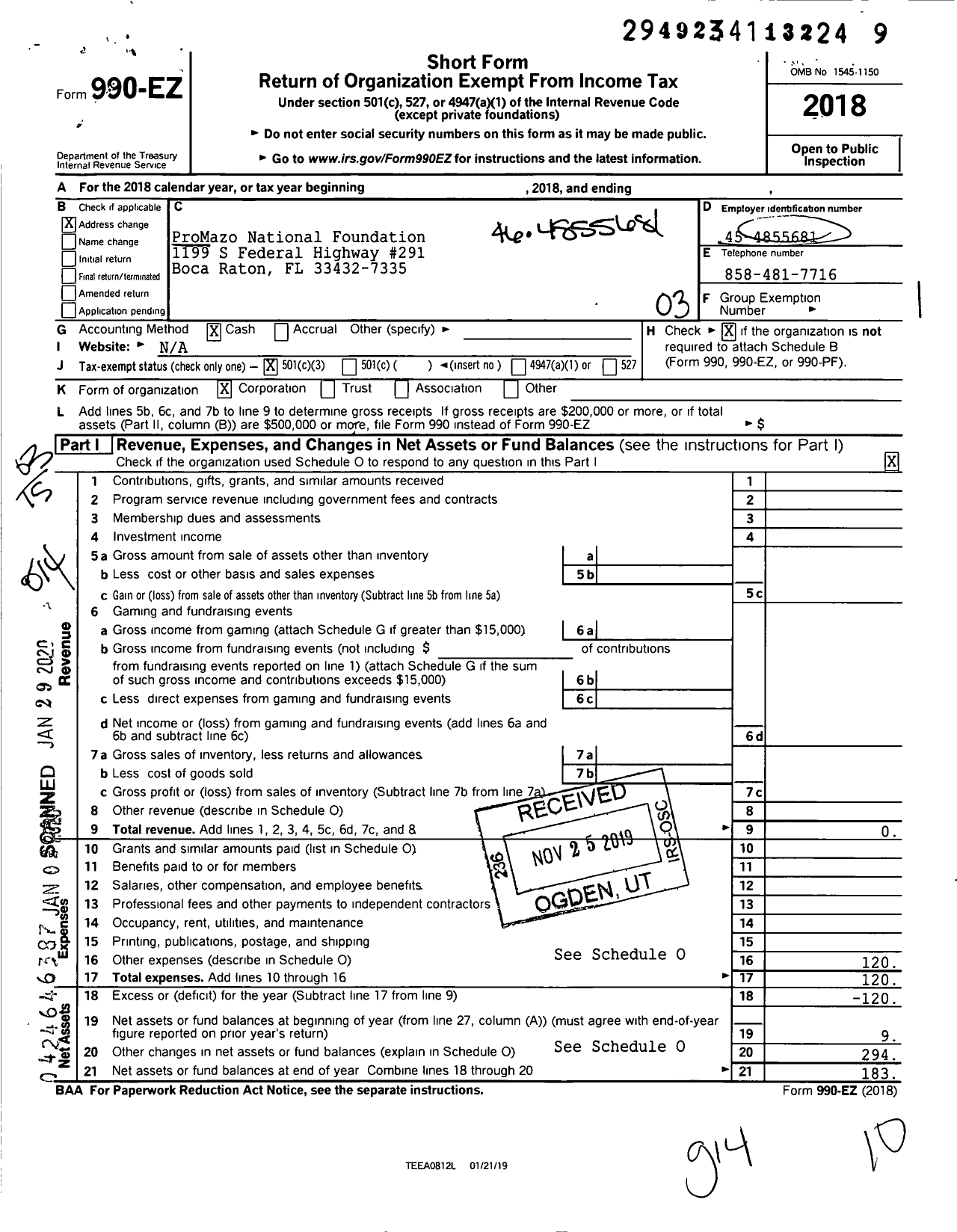 Image of first page of 2018 Form 990EZ for Promazo National Foundation