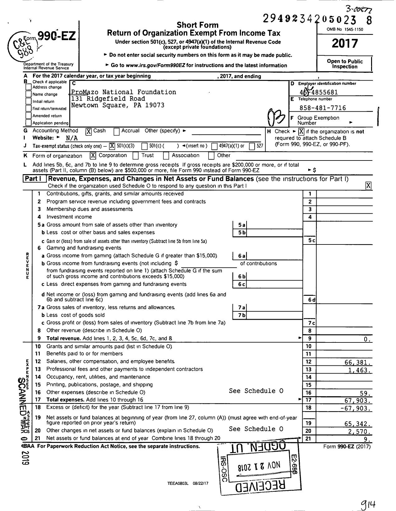 Image of first page of 2017 Form 990EZ for Promazo National Foundation