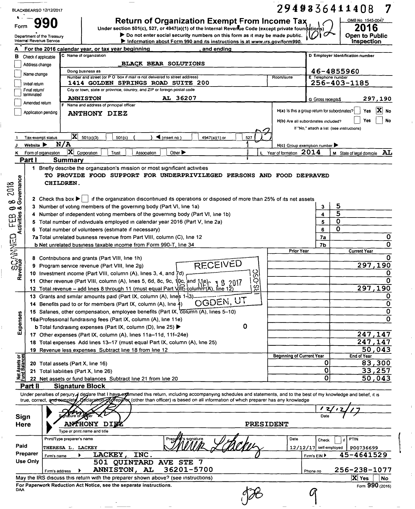 Image of first page of 2016 Form 990 for Black Bear Solutions