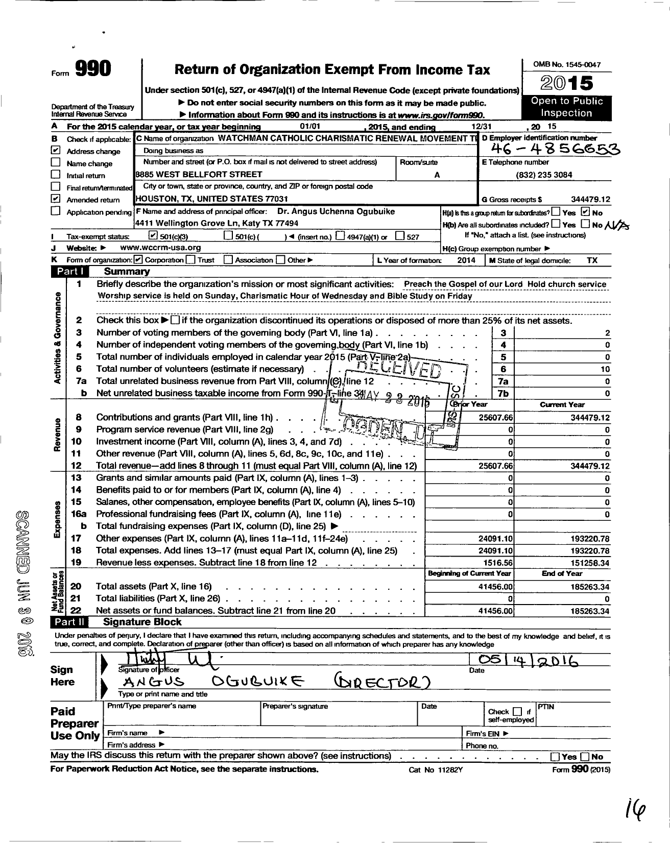 Image of first page of 2015 Form 990 for Watchman Catholic Charismatic Renewal Movement Texas