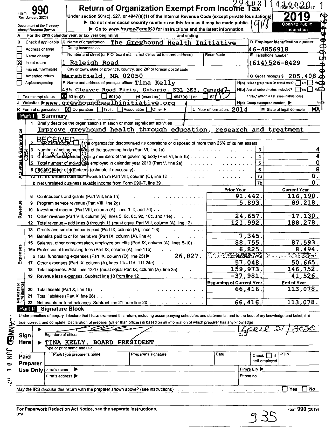 Image of first page of 2019 Form 990 for Greyhound Health Initiative