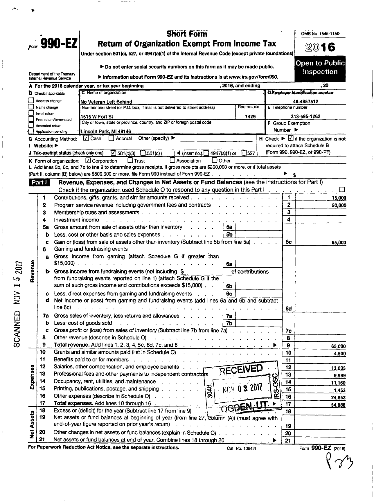 Image of first page of 2016 Form 990EZ for No Veteran Left Behind