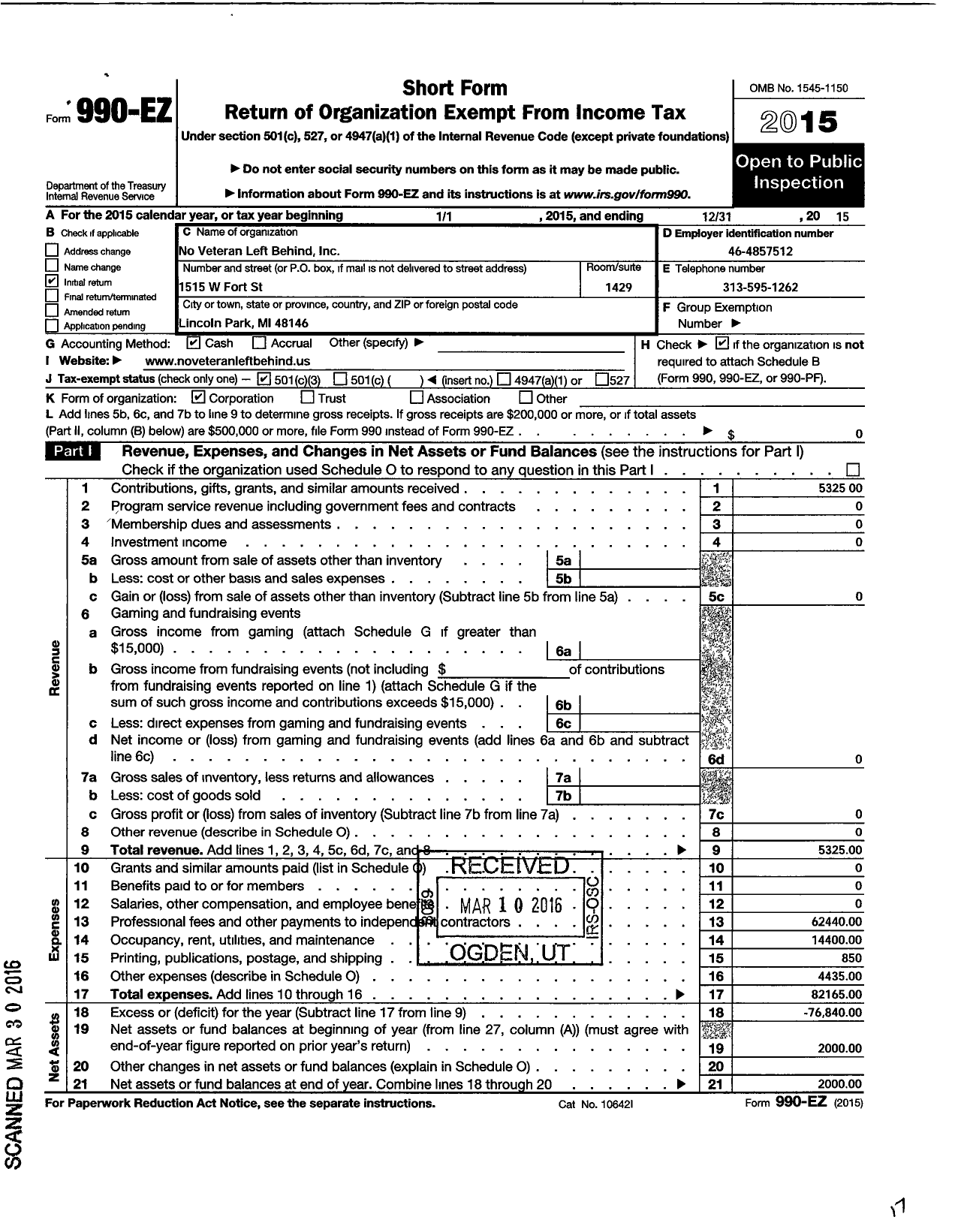 Image of first page of 2015 Form 990EZ for No Veteran Left Behind