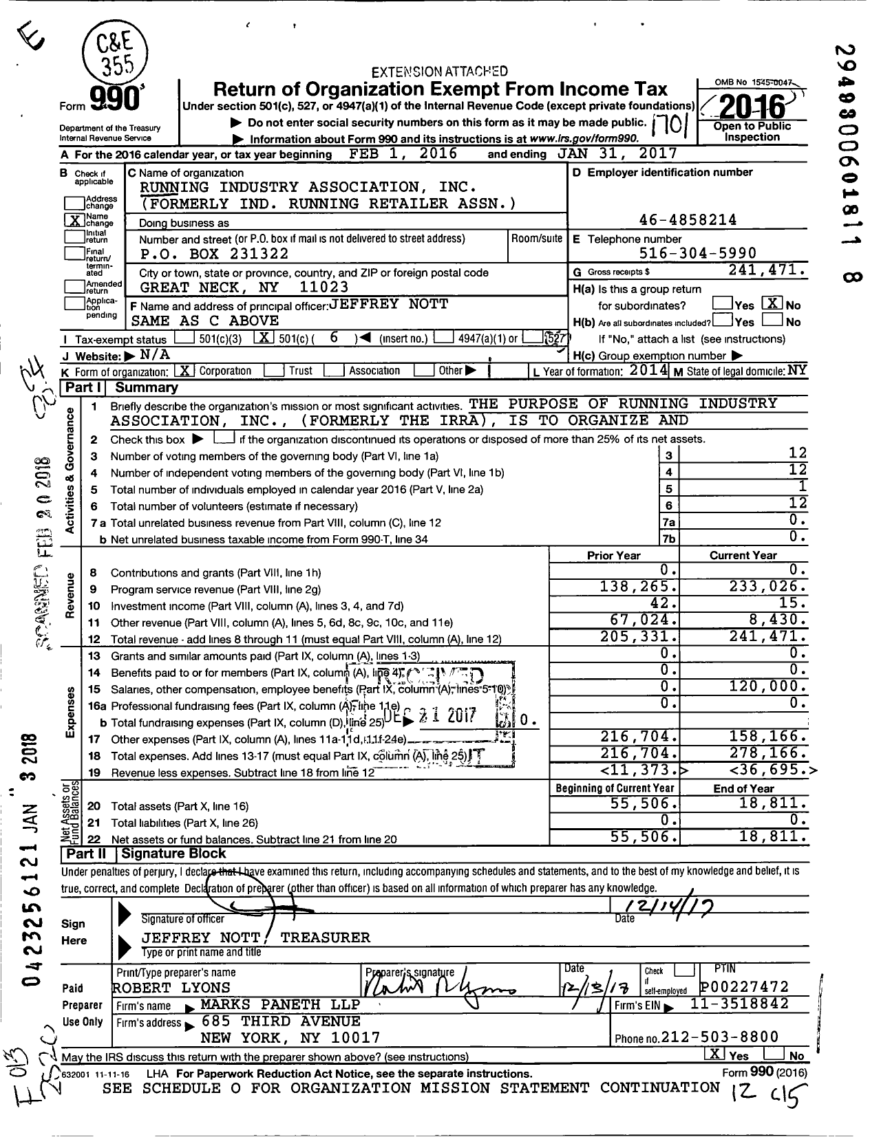 Image of first page of 2016 Form 990O for Running Industry Association