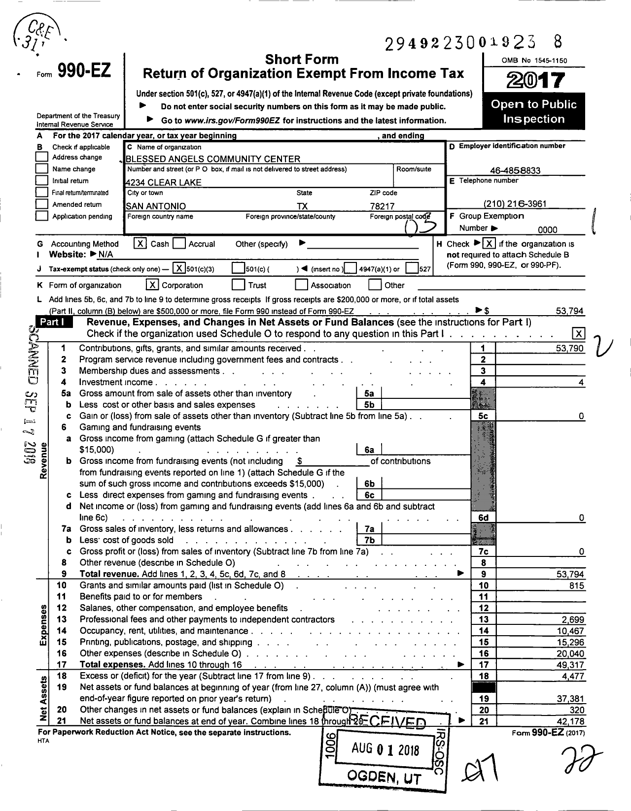 Image of first page of 2017 Form 990EZ for Blessed Angels Community Center