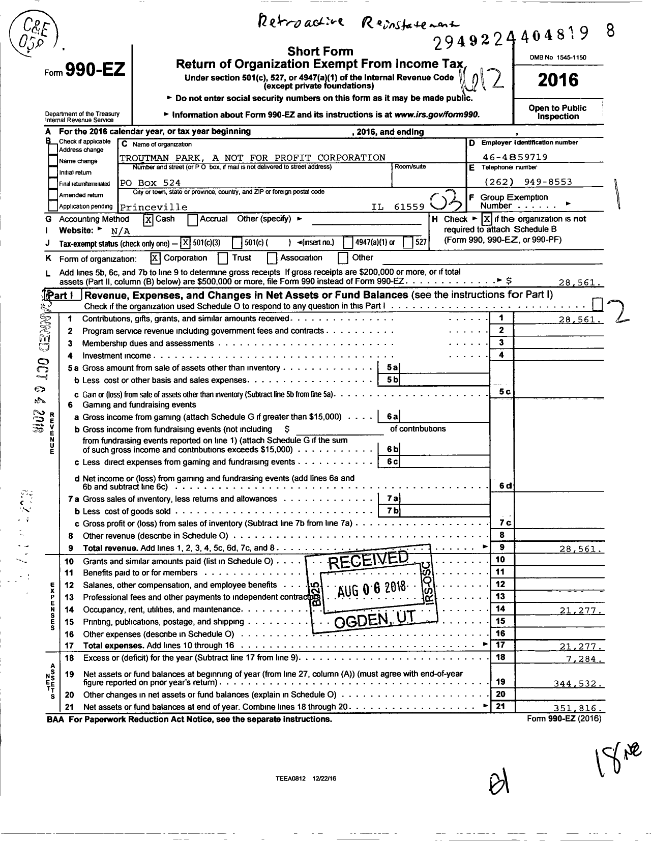 Image of first page of 2016 Form 990EZ for Troutman Park A Not for Profit Corporation