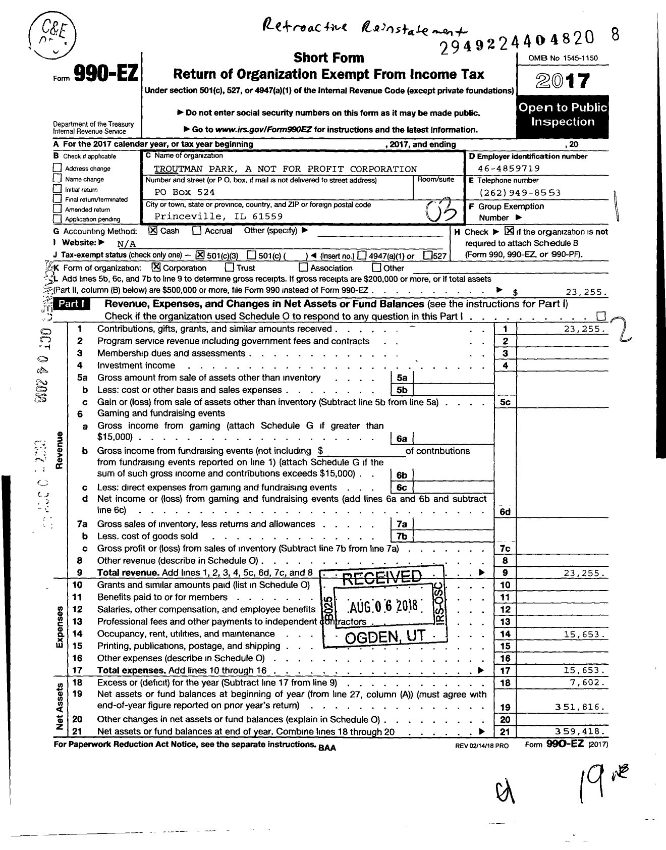 Image of first page of 2017 Form 990EZ for Troutman Park A Not for Profit Corporation