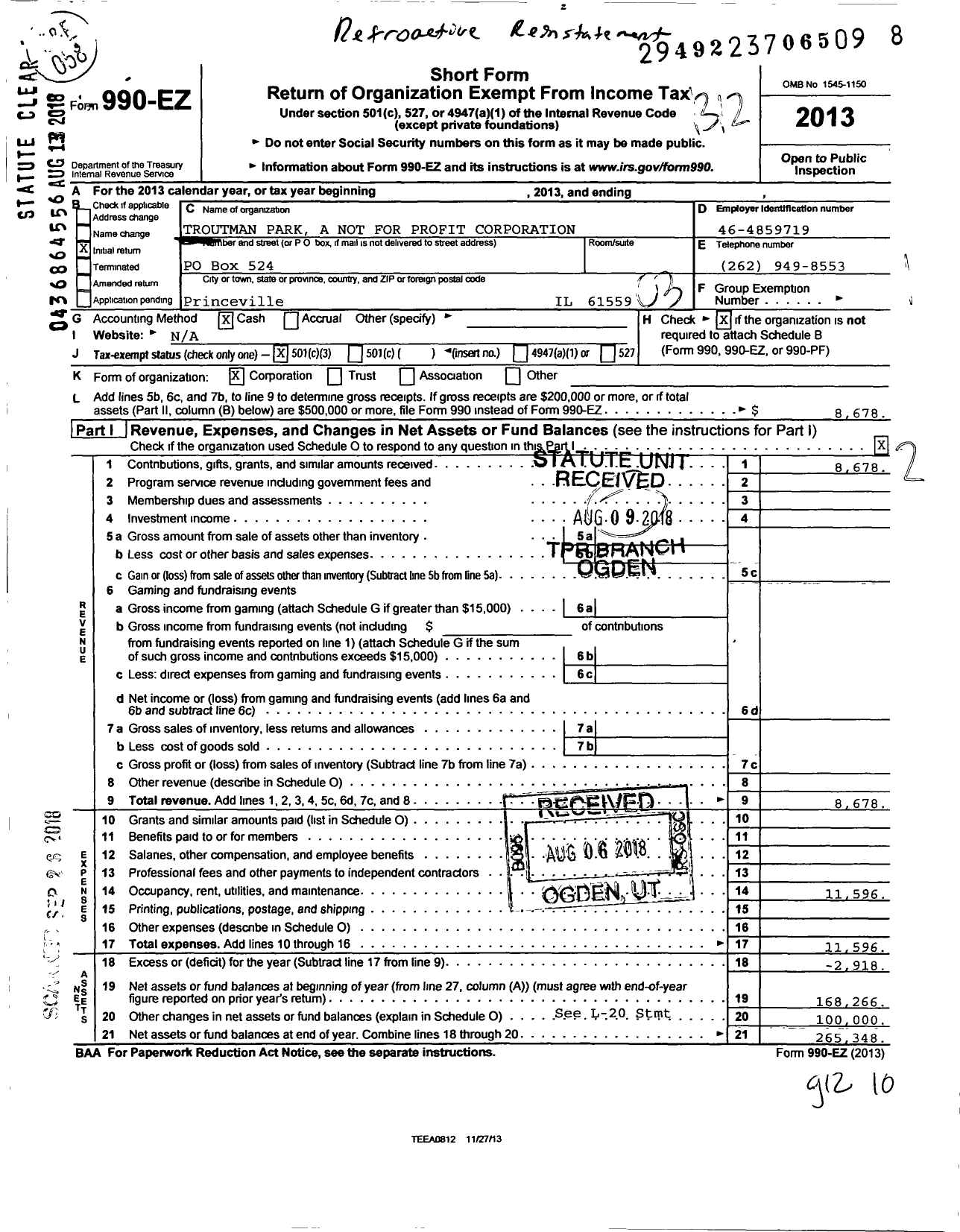 Image of first page of 2013 Form 990EZ for Troutman Park A Not for Profit Corporation