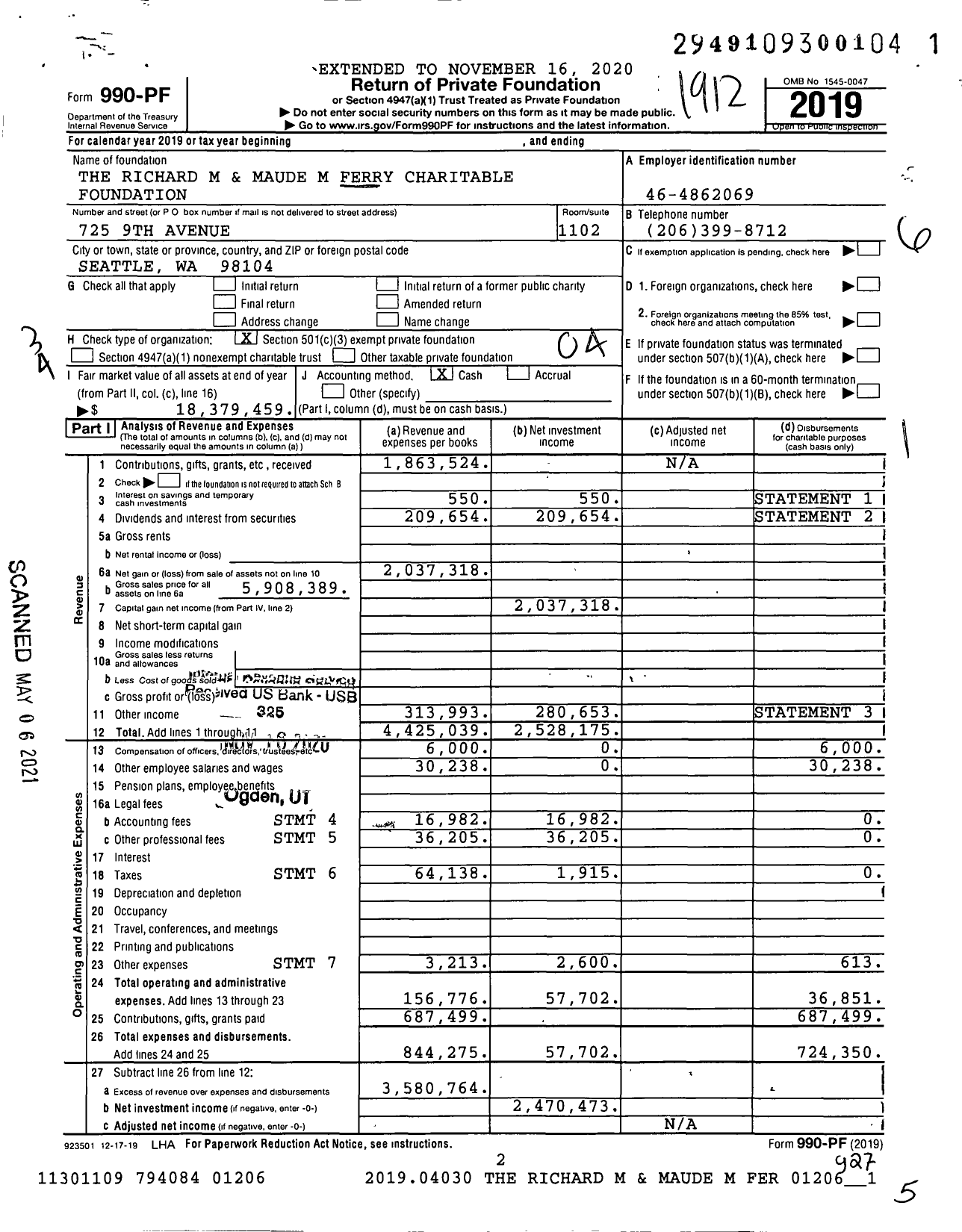 Image of first page of 2019 Form 990PF for The Richard and Maude Ferry Foundation