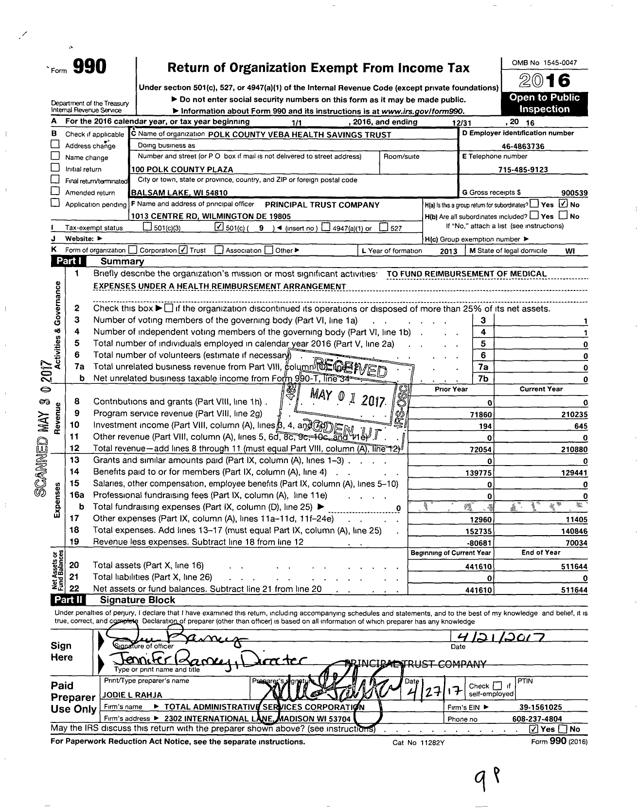 Image of first page of 2016 Form 990O for Polk County Veba Health Savings Trust