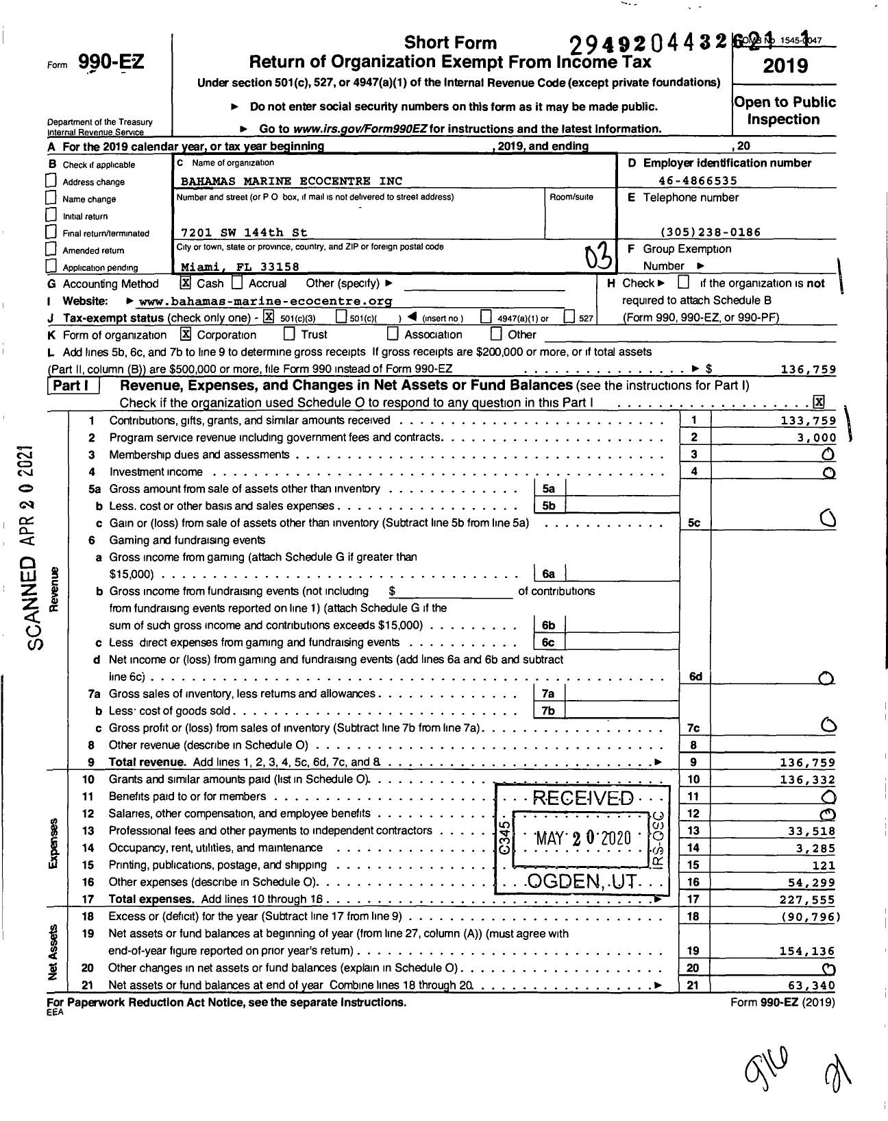 Image of first page of 2019 Form 990EZ for Bahamas Marine Ecocentre