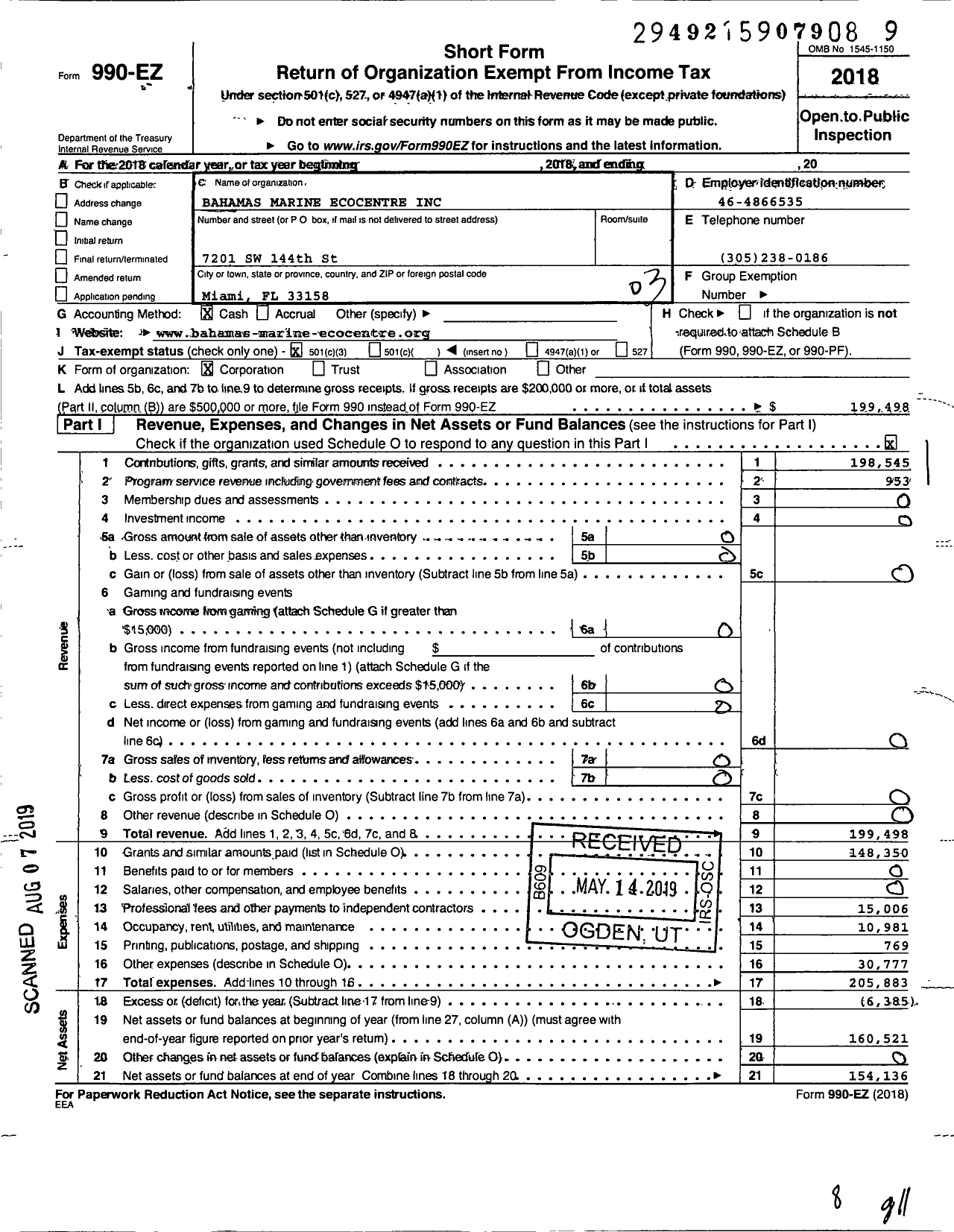 Image of first page of 2018 Form 990EZ for Bahamas Marine Ecocentre