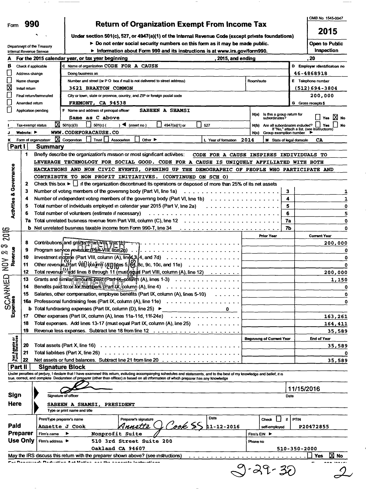 Image of first page of 2015 Form 990 for Code for A Cause