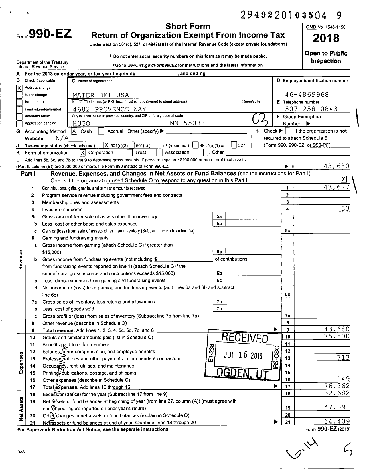 Image of first page of 2018 Form 990EZ for Mater Dei USA