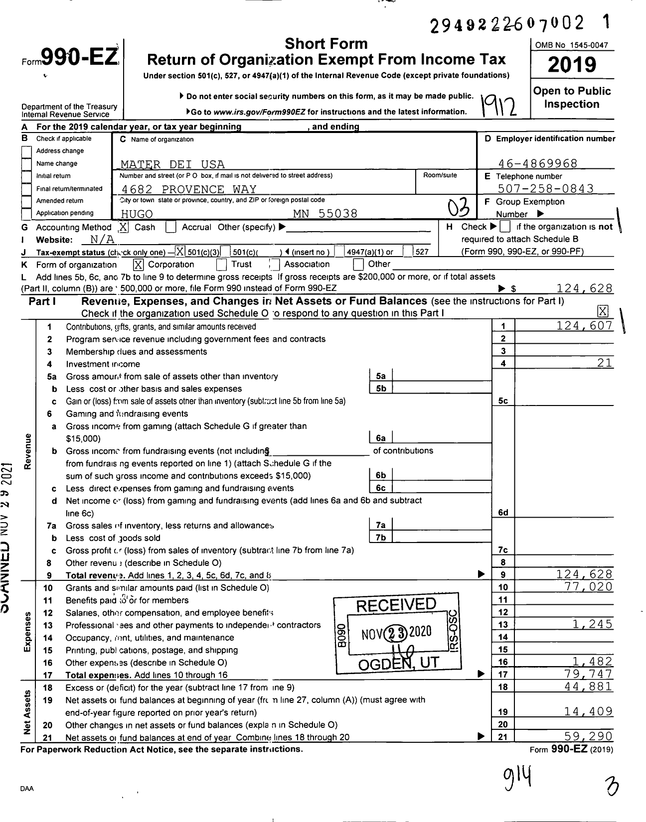 Image of first page of 2019 Form 990EZ for Mater Dei USA