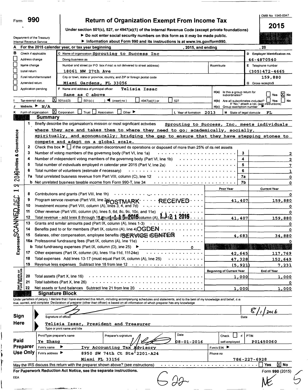 Image of first page of 2015 Form 990 for Sprouting to Success