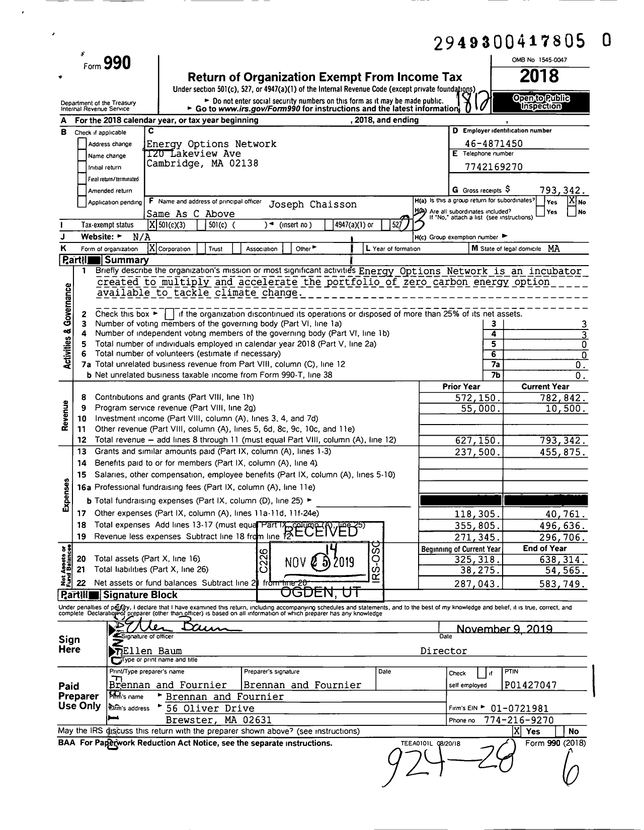 Image of first page of 2018 Form 990 for Energy Options Network