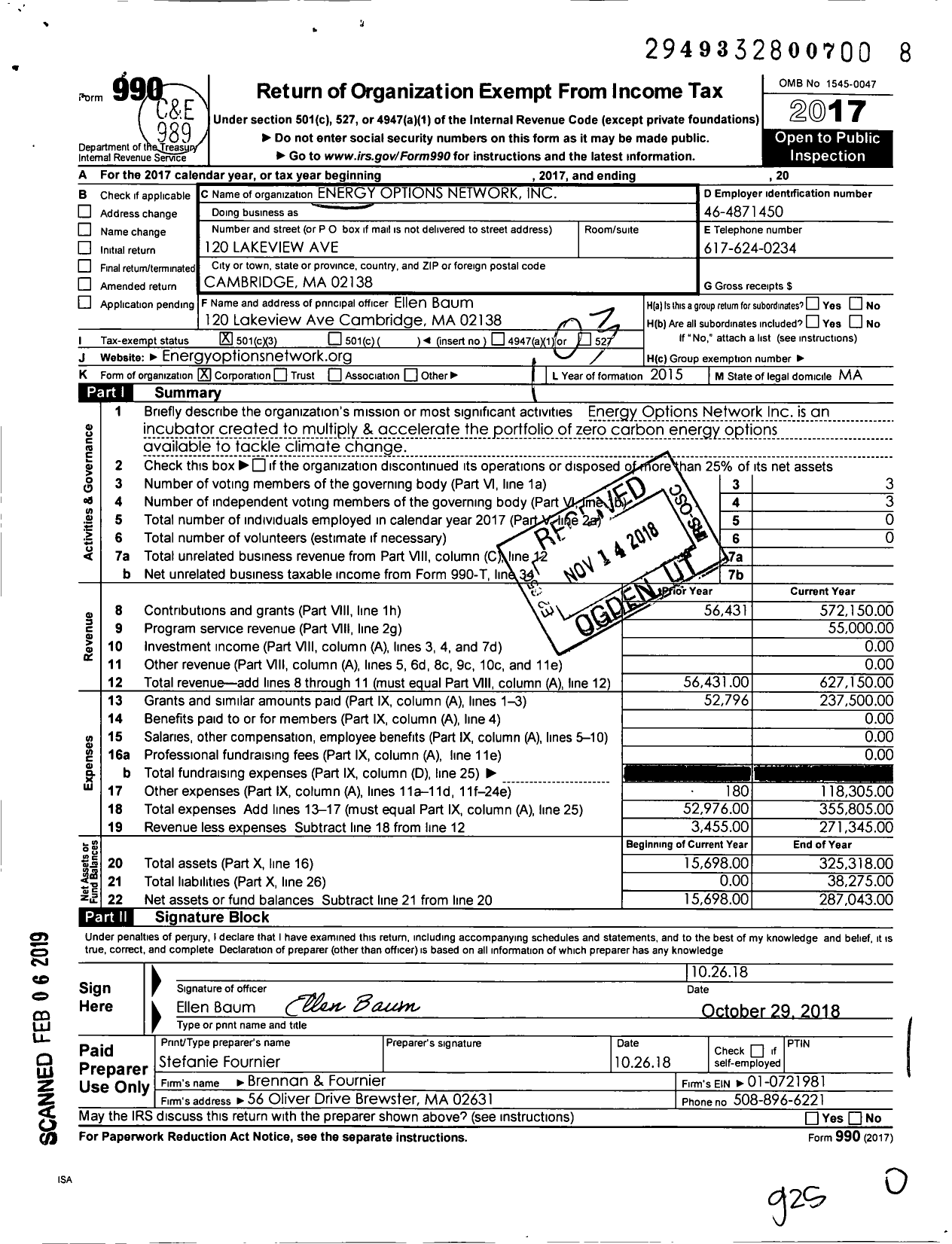 Image of first page of 2017 Form 990 for Energy Options Network